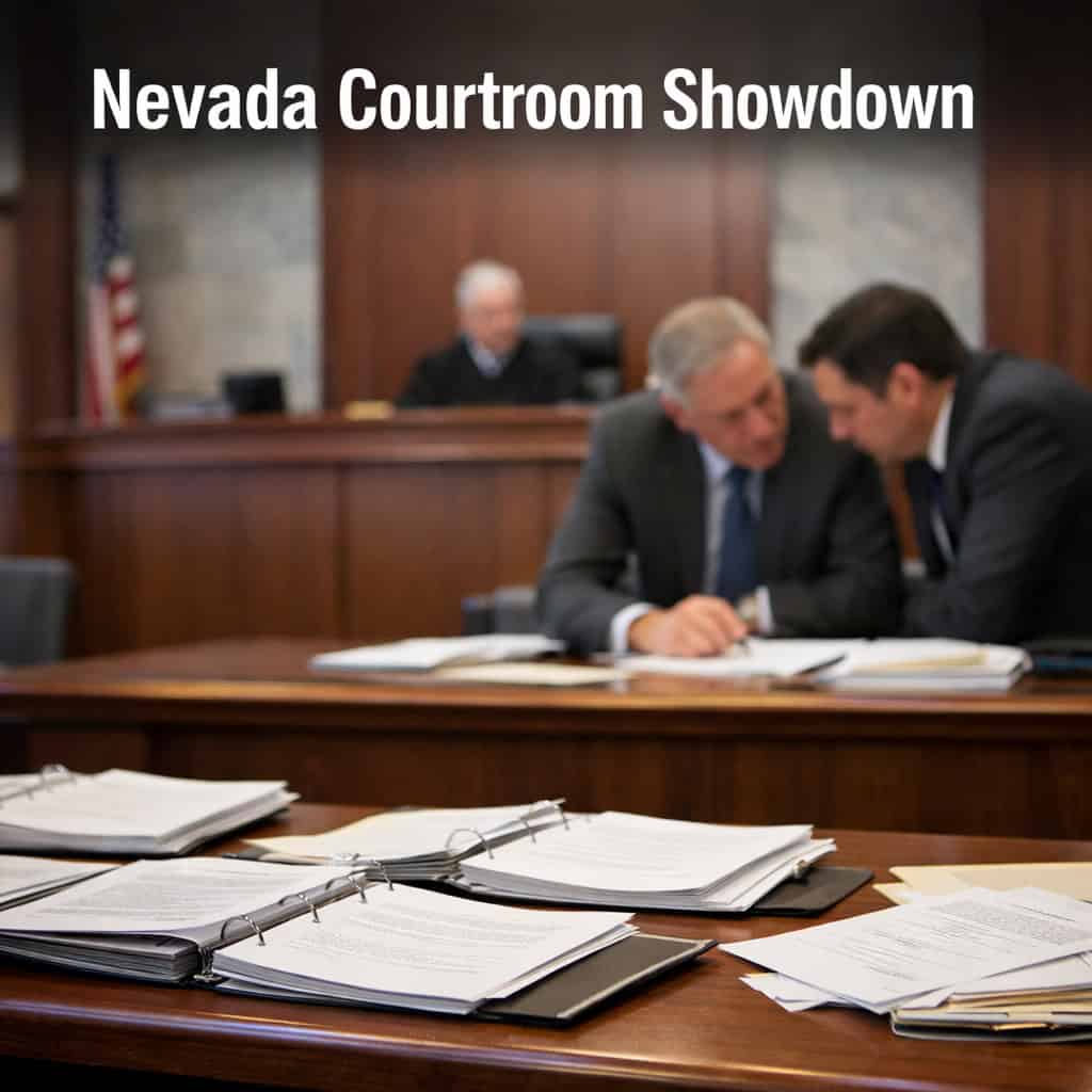 Carson City courtroom with Nevada Gaming Control Board attorneys reviewing documents at counsel table during preliminary injunction hearing.