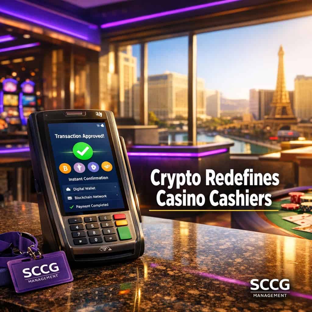 Casino cashier terminal screen showing instant crypto and e-wallet payment options under bright daylight.