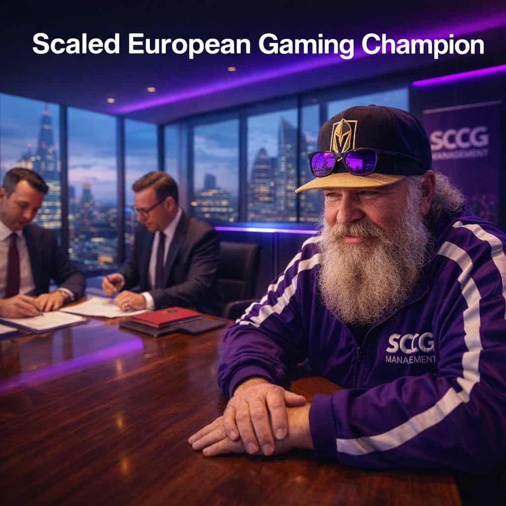 Steve in a dark cap and jacket stands foreground in a glass-walled London boardroom as two executives lean across a long table signing acquisition documents with papers and pens spread under mixed warm lighting.