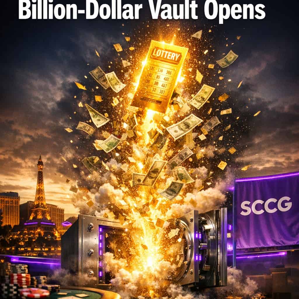 A glowing golden lottery ticket erupts skyward from a massive vault, trailing a cascade of cash and confetti into a dramatic night sky.