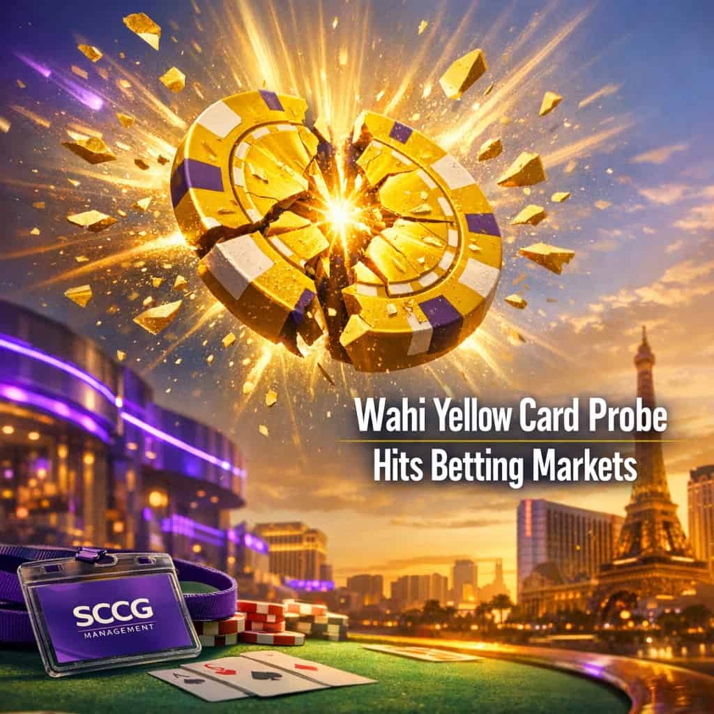 A yellow betting chip cracks open mid-air with light exploding from its fracture against a bright sky, symbolizing a betting market shock.