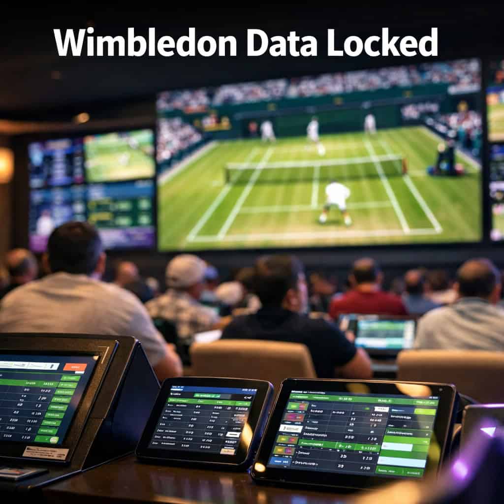Rows of glowing betting terminals and overhead screens displaying live Wimbledon tennis matches inside a busy sportsbook venue.