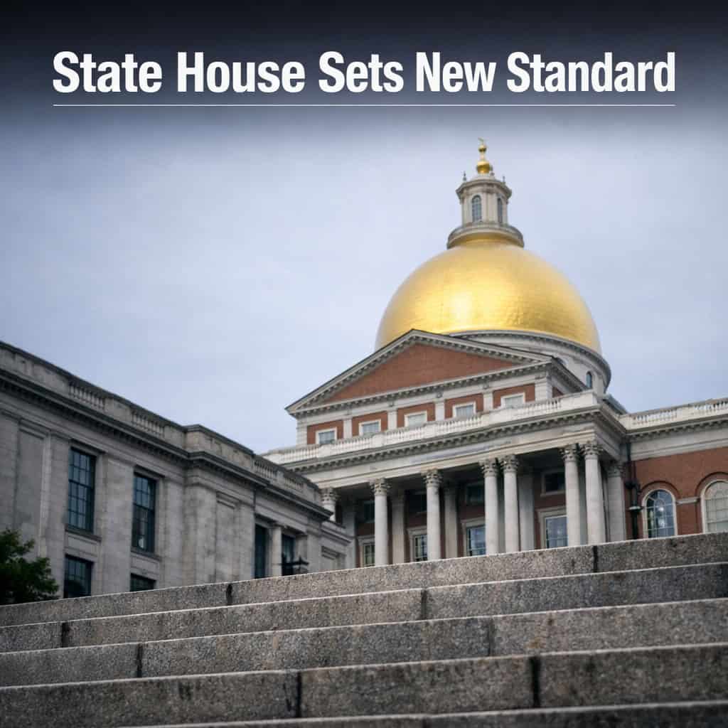 Massachusetts state capitol building with its golden dome under an overcast sky and surrounding formal grounds.
