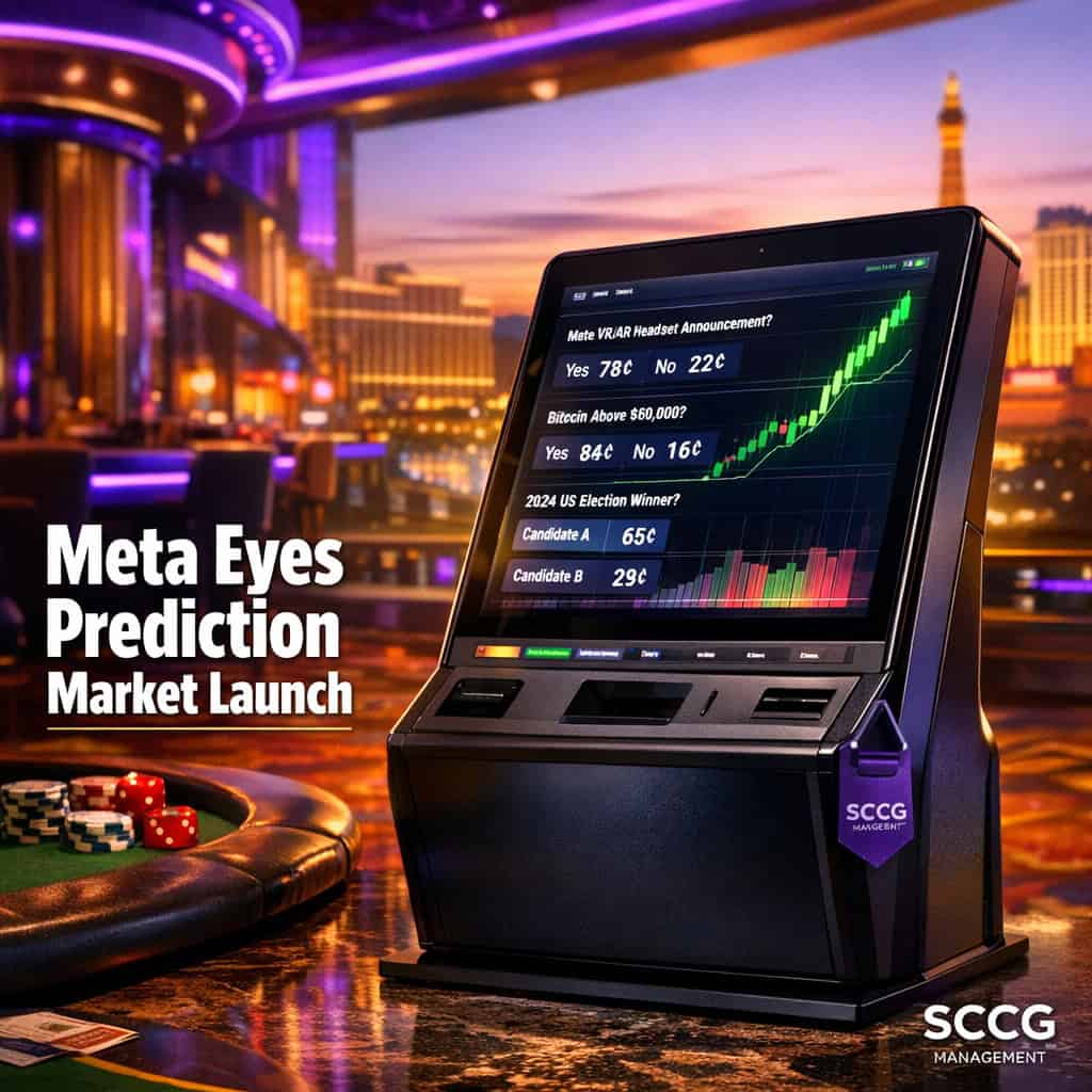A prediction-market terminal screen on a bright casino floor shows active contracts with a surging price line.