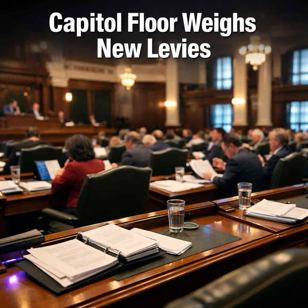 Illinois State Capitol legislative chamber with lawmakers seated at desks and documents spread during an overnight budget session.