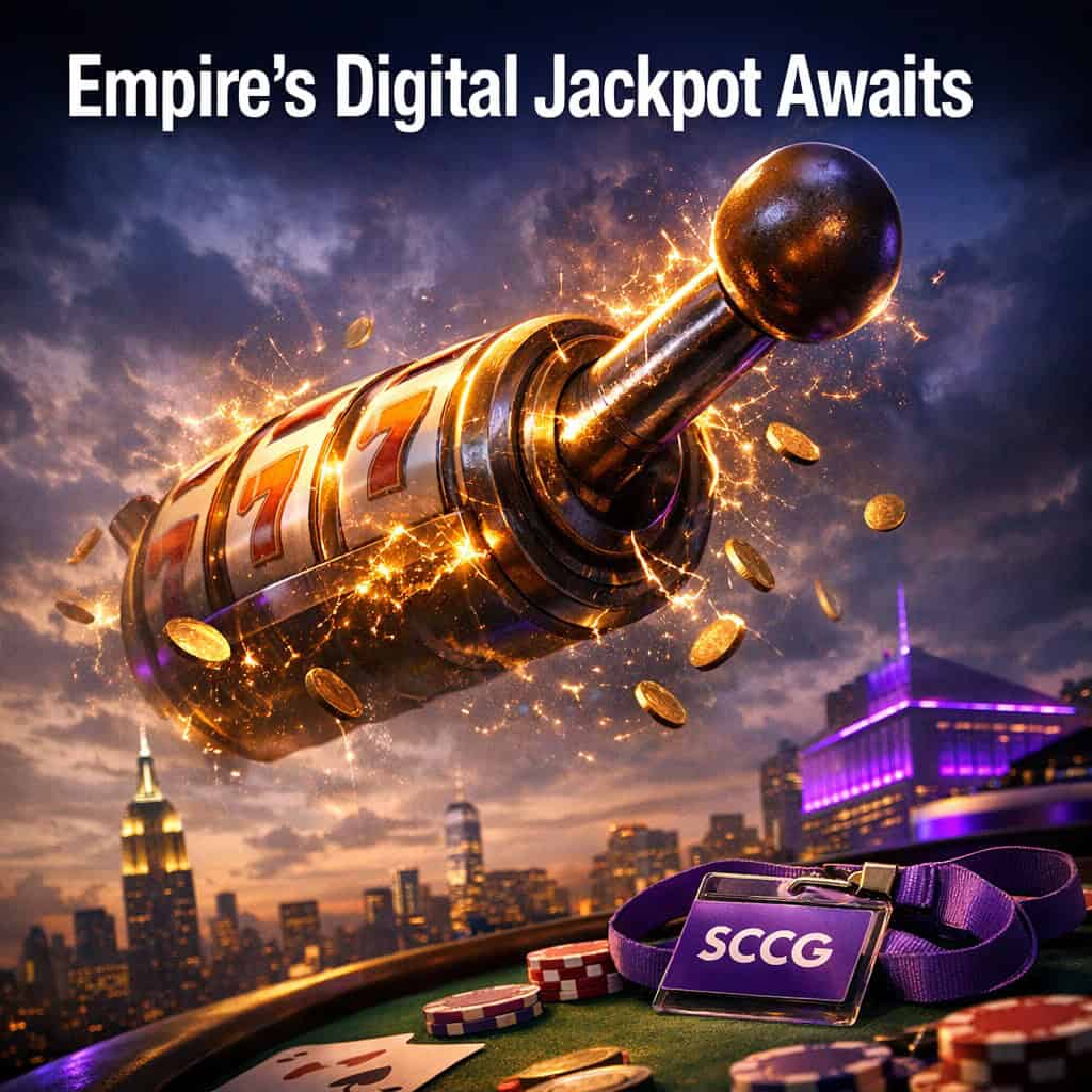 Massive glowing slot lever suspended above the New York skyline, half-pulled with sparks and coins frozen mid-air against twilight clouds.
