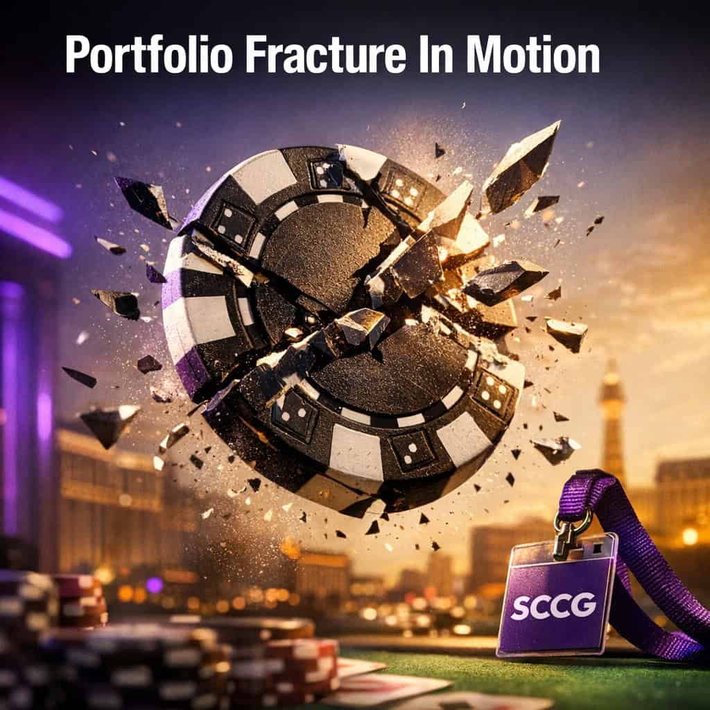 A massive casino chip cracking under pressure as fragments scatter outward against a dark, blurred background.