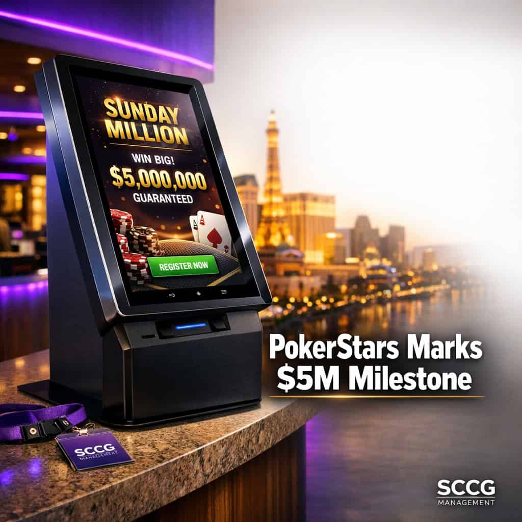 A sleek poker tournament registration kiosk on a bright casino concourse displays the Sunday Million event with a $5 million guarantee on its illuminated touchscreen.