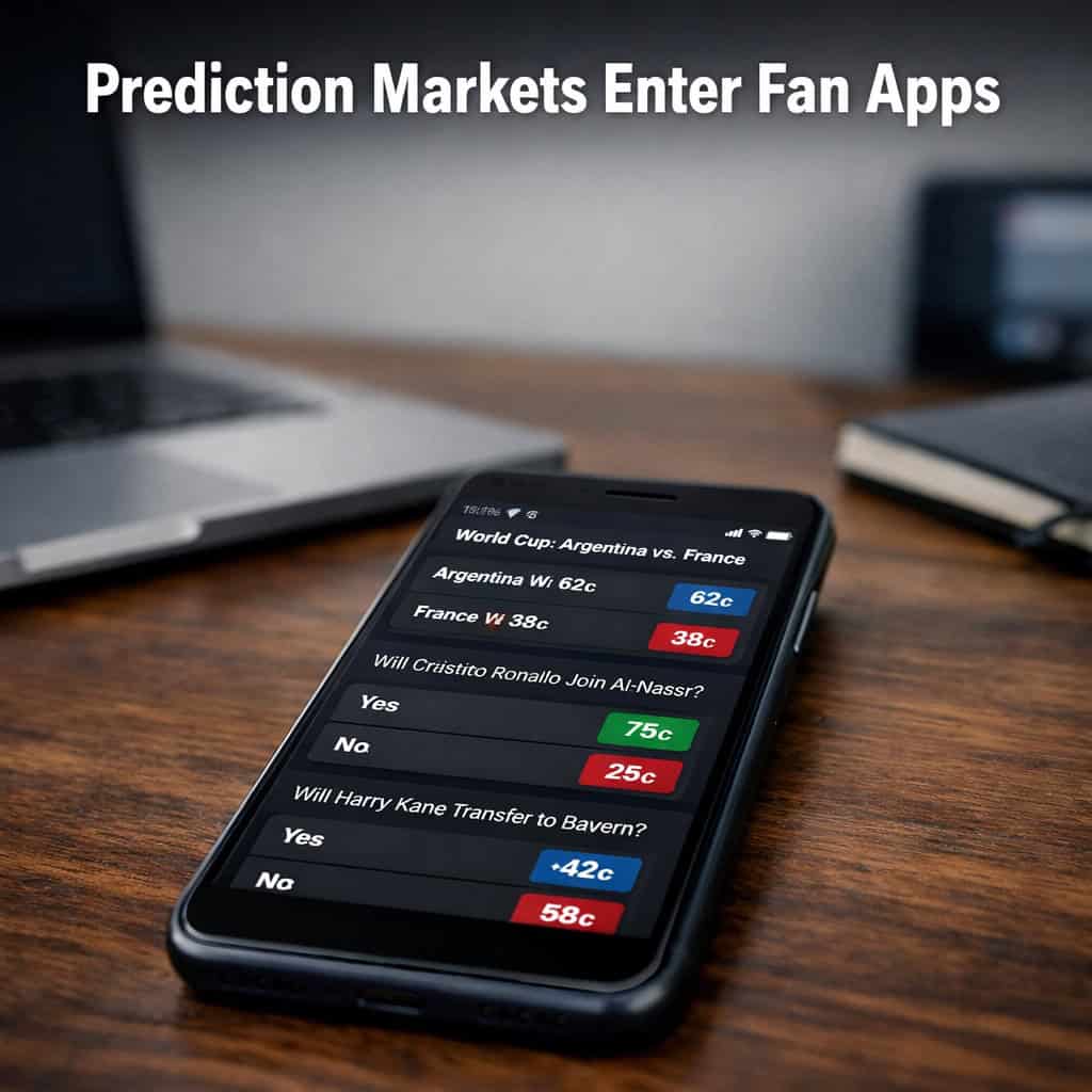 Close-up of a smartphone screen showing Polymarket prediction markets for upcoming World Cup matches inside the OneFootball app interface on a modern desk.