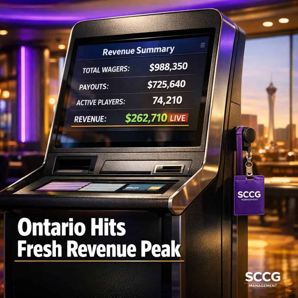 A modern self-service betting terminal on a bright casino concourse displays a live revenue summary under strong daylight.
