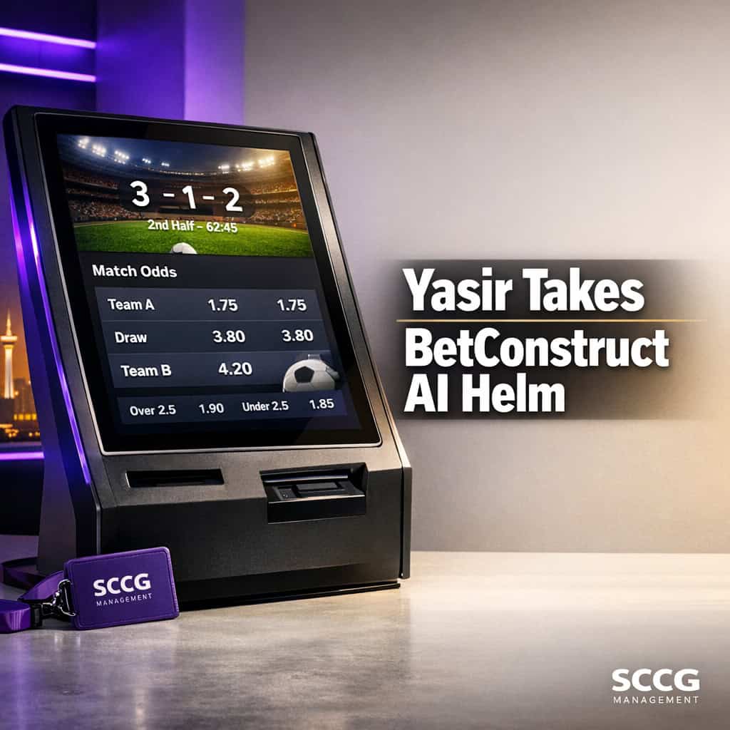 Close view of a betting terminal screen showing live AI-generated sports odds under bright directional lighting.