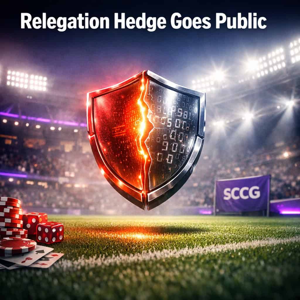 A red insurance policy and a prediction contract hover above a fog-lit football pitch before fusing into a protective metallic shield.