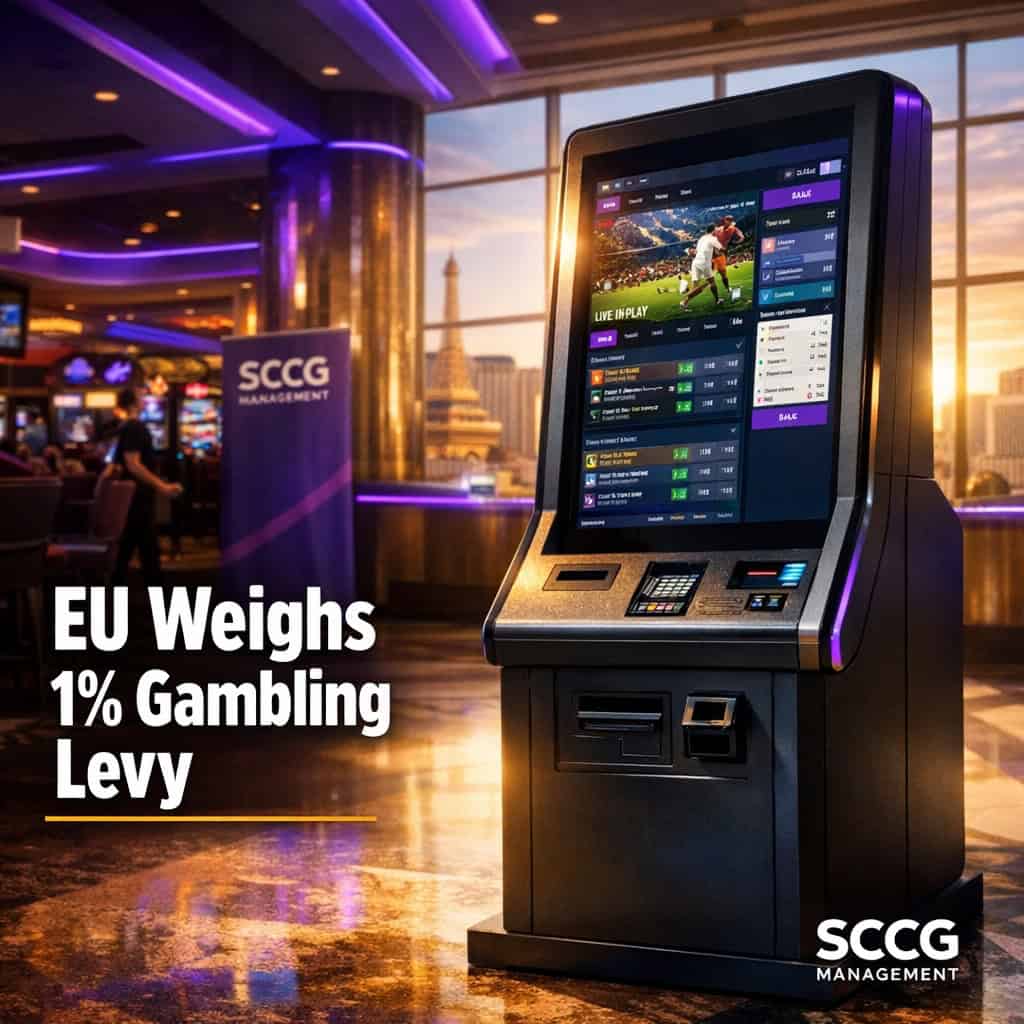 Self-service betting kiosk on a casino concourse displaying an active betting interface under bright daylight.