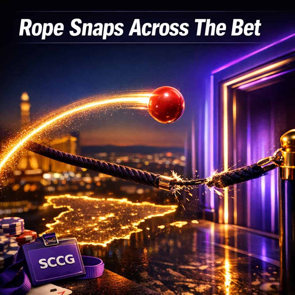 A roulette ball streaks across a map of Spain while a velvet rope snaps across a glowing prediction-market doorway.