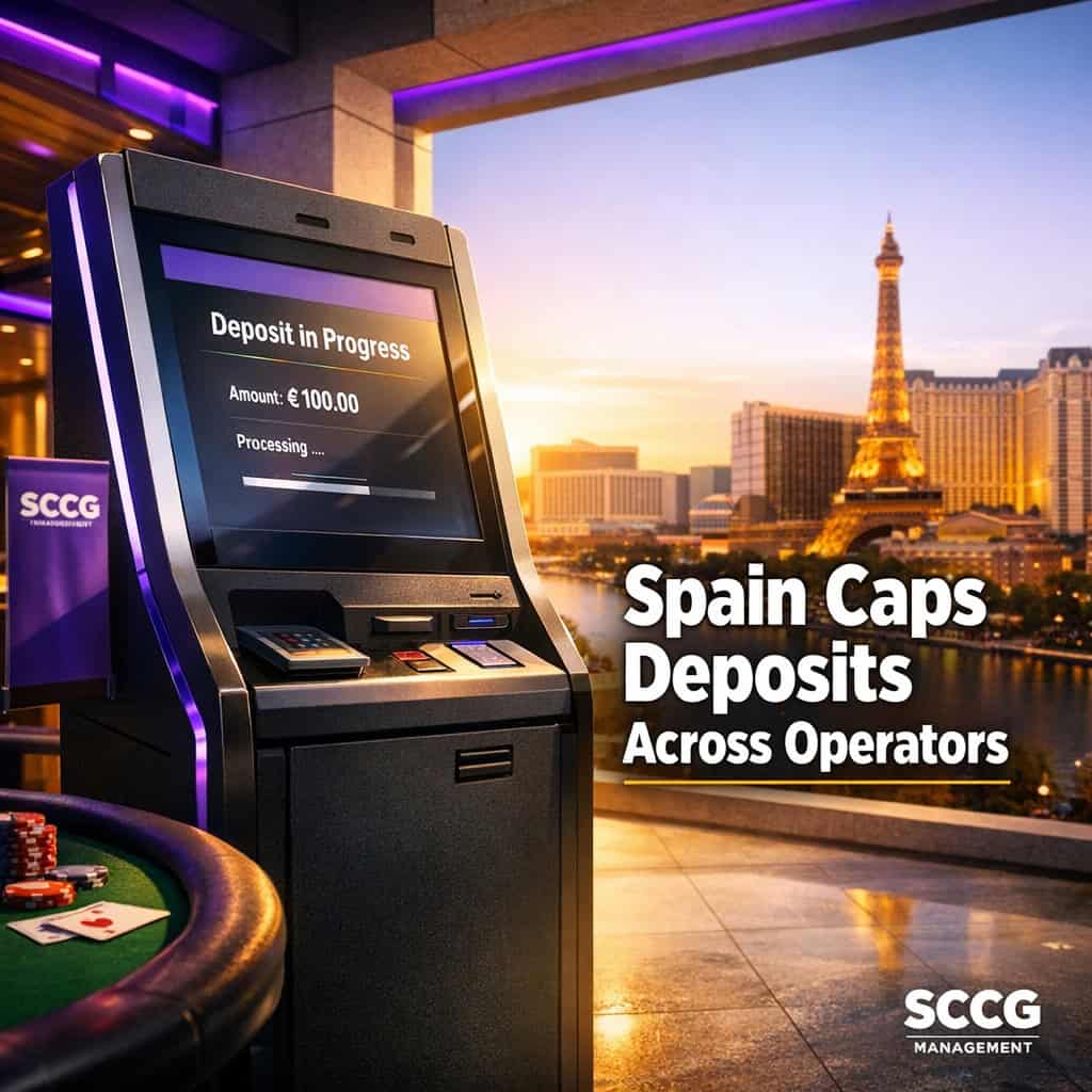 Self-service betting terminal screen displays a deposit transaction under bright daylight on a concourse.