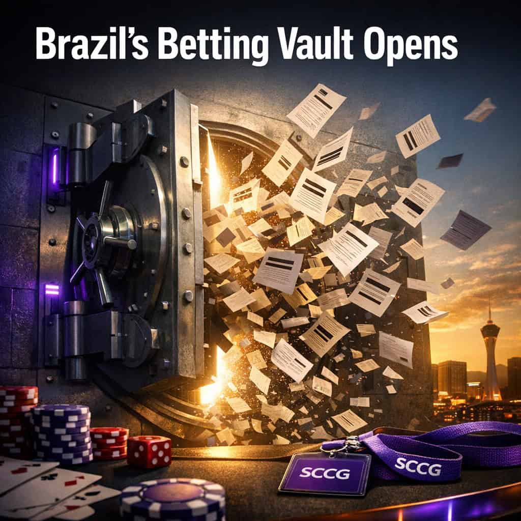 Massive vault door swings open as a flood of redacted documents bursts into daylight against a dark gradient sky.