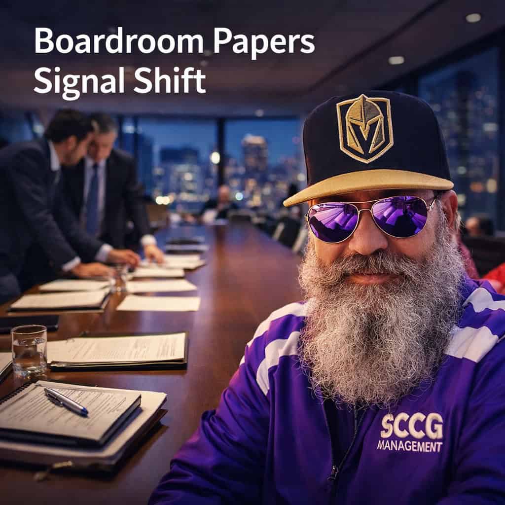 Documents and pens spread across a long polished conference table inside a glass-walled boardroom during an active M&A signing.