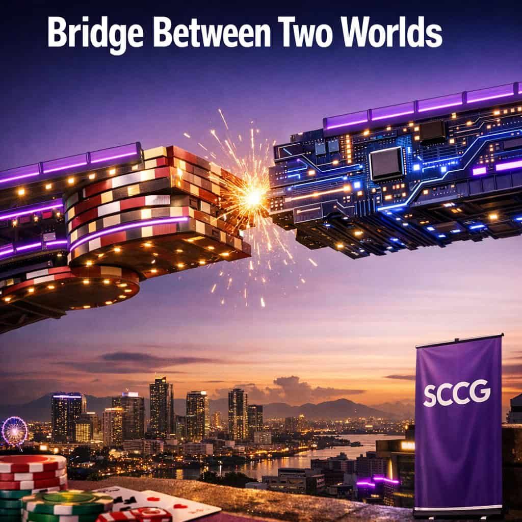 Two massive bridge segments forged from glowing casino chips and digital circuitry converge above a nighttime Manila skyline.