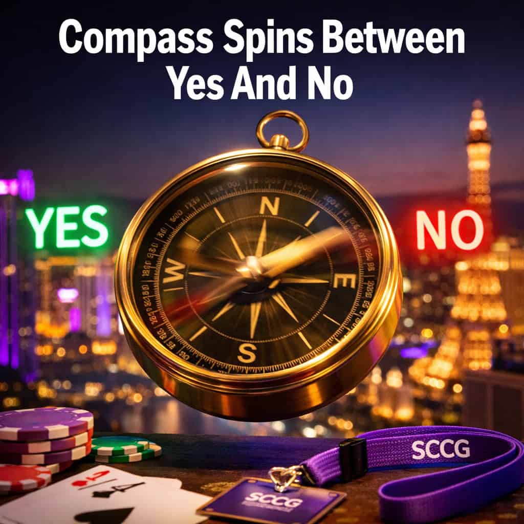 A compass needle spins wildly between yes and no options floating over a dark city skyline at night.