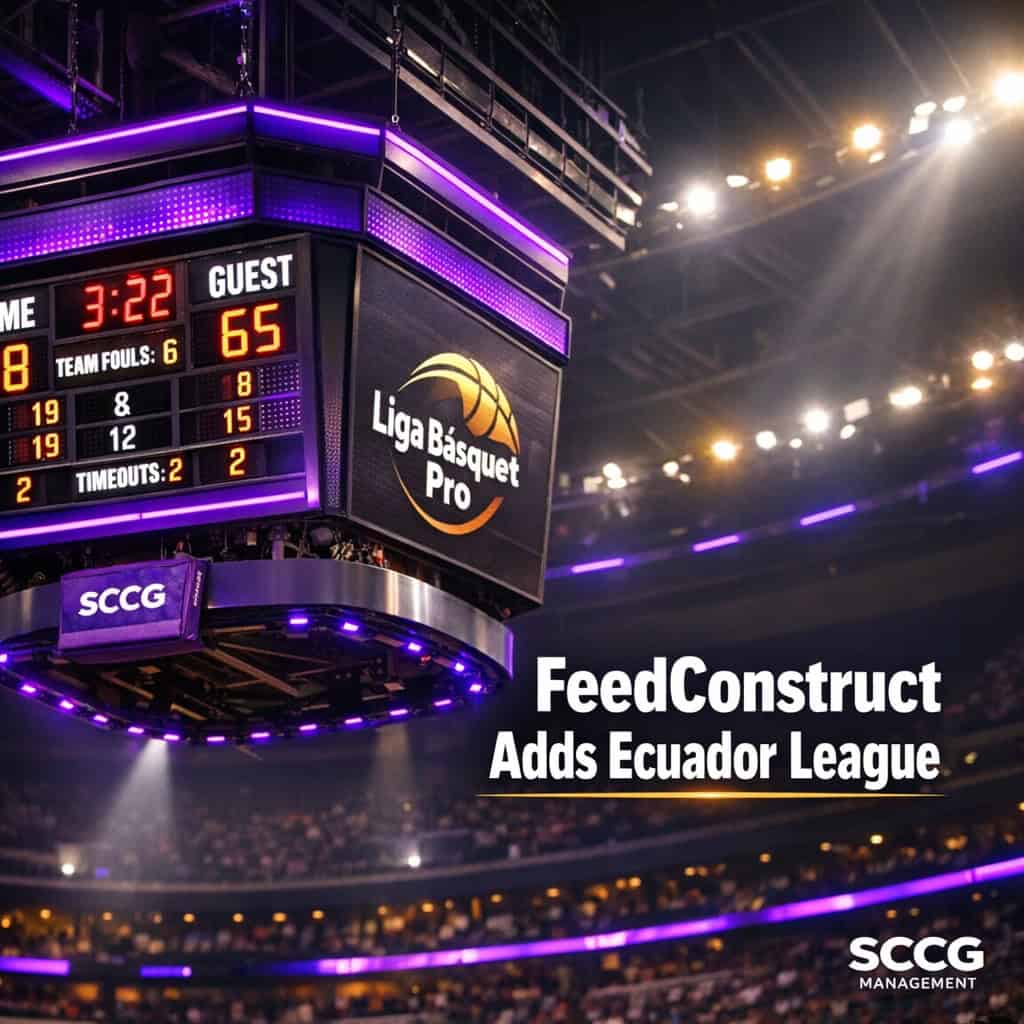 Brightly lit basketball arena scoreboard displaying live Liga Básquet Pro match statistics under powerful stadium lights.