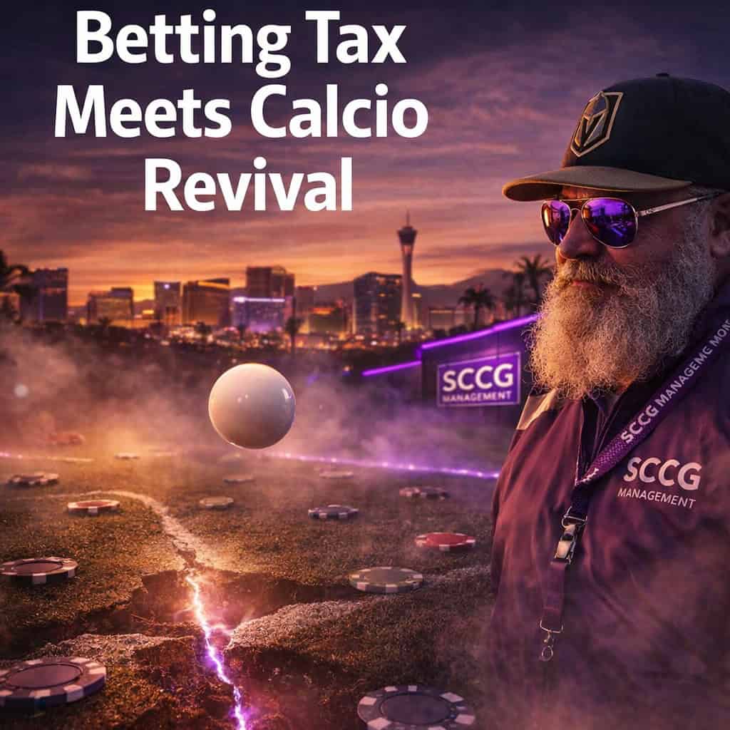 A glowing roulette ball hovers mid-air above a fractured Italian football pitch, casting dramatic light across weathered turf and scattered betting chips.