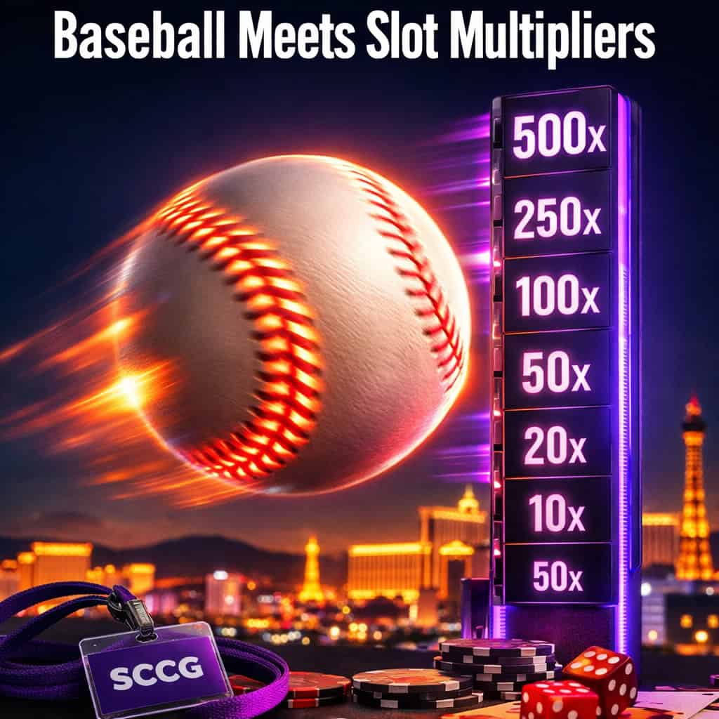 A glowing baseball suspended above a digital multiplier meter that climbs like a slot reel while the ball spins in mid-air.