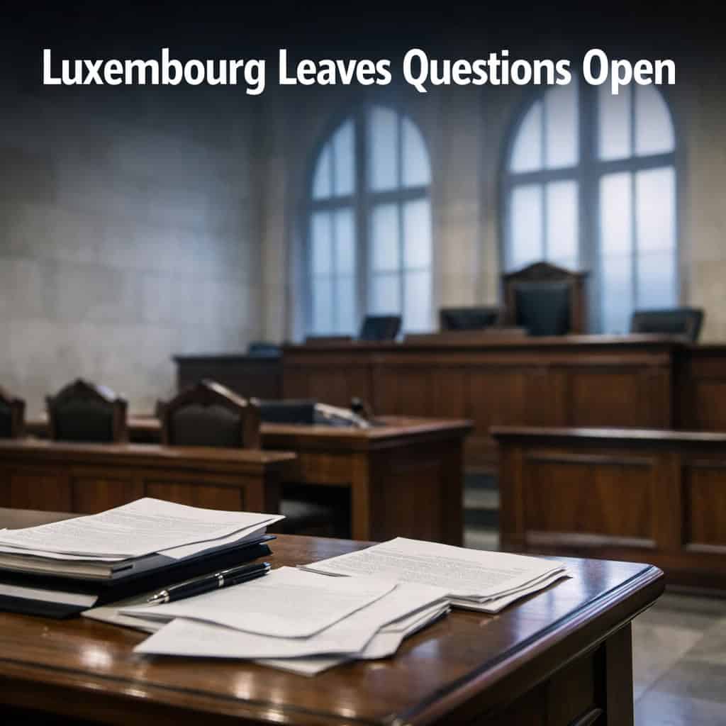 Empty European courtroom with scattered legal documents on wooden tables and tall windows casting cool overcast daylight across marble benches.