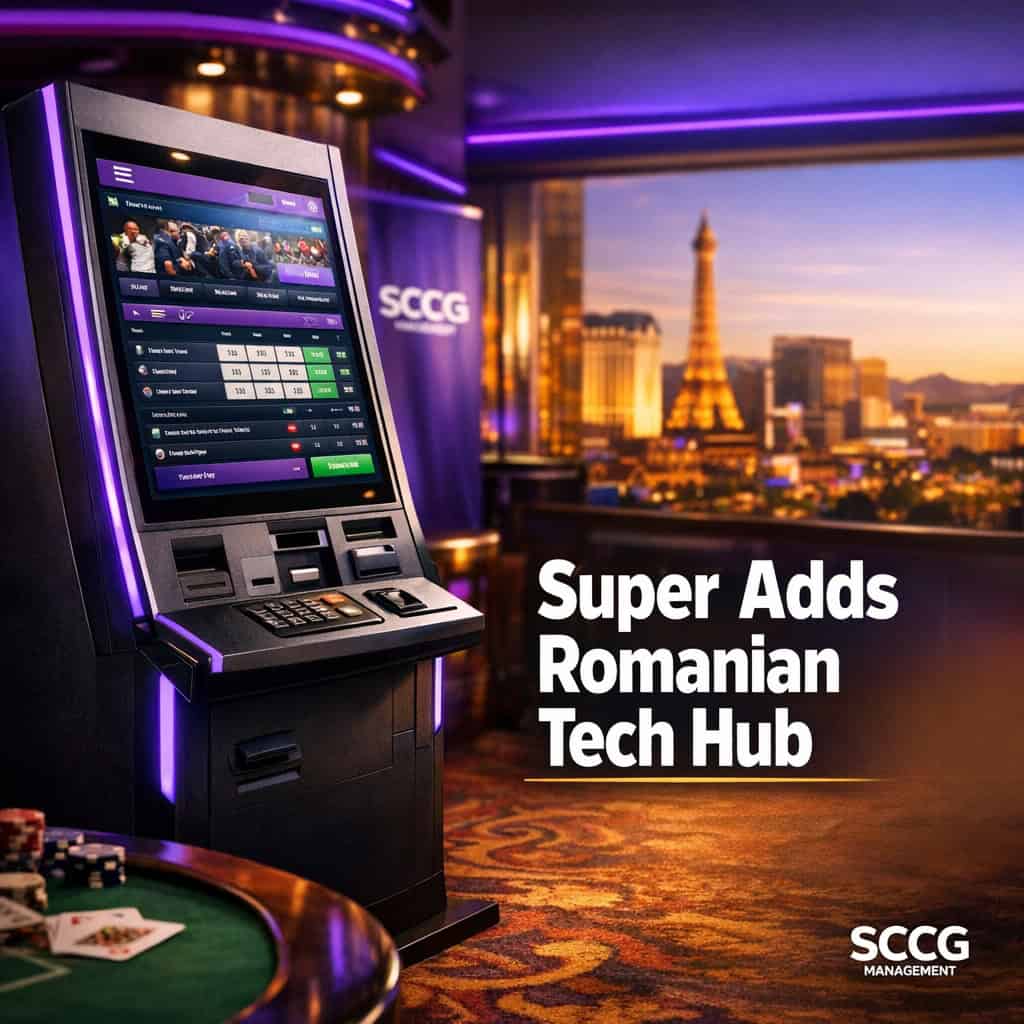 Self-service betting terminal displaying an active interface on a brightly lit casino floor.