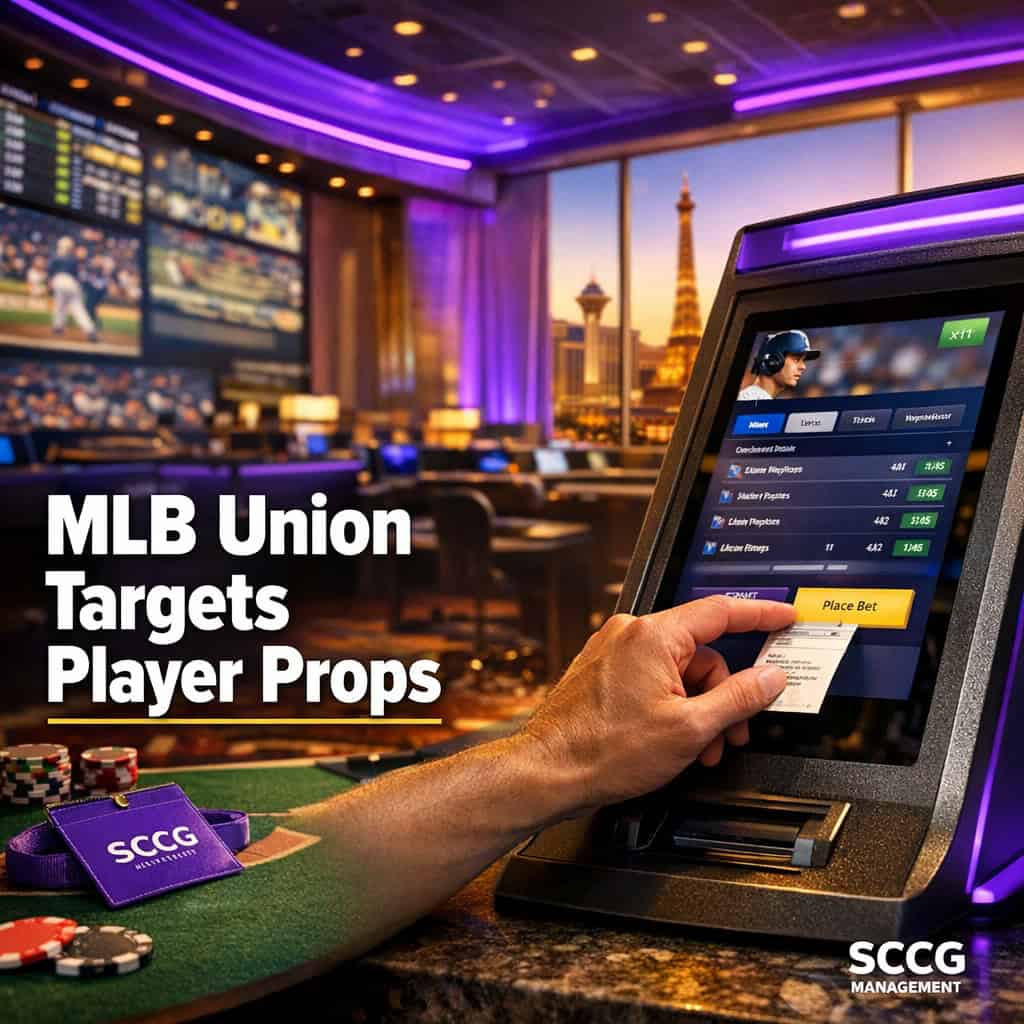 A hand placing an individual player prop bet at a bright, busy sportsbook counter terminal.