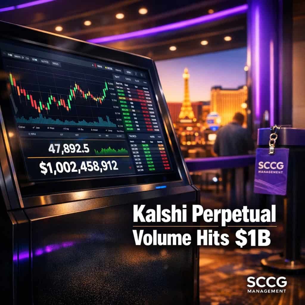 A premium betting terminal screen on a sportsbook concourse shows perpetual futures volume surpassing one billion dollars on a live trading interface.