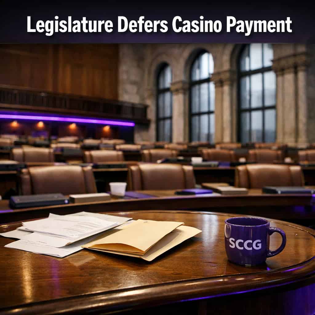 New York State Capitol chamber with rows of empty legislative desks and tall windows casting cool daylight across dark wood paneling during a paused session.