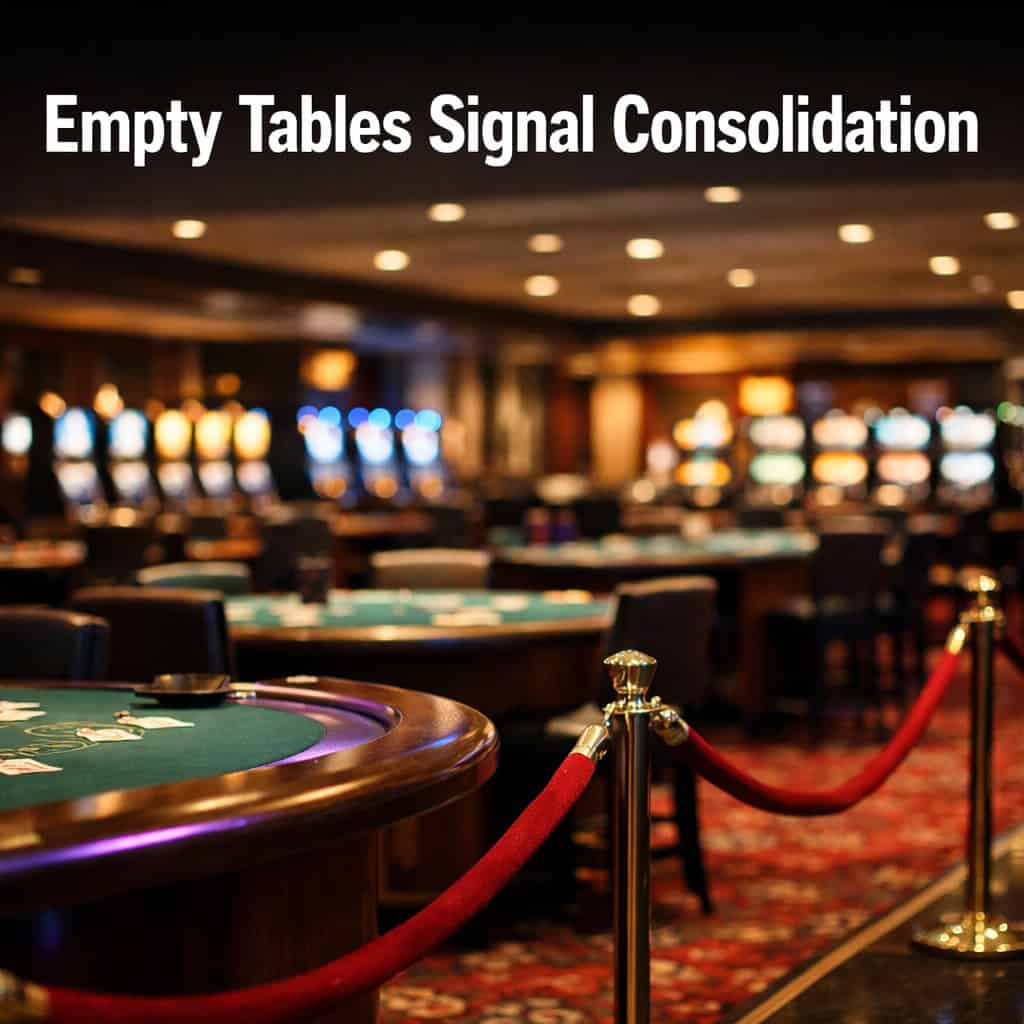Empty Las Vegas casino floor with rows of gaming tables and glowing slot machines under warm ceiling lights.