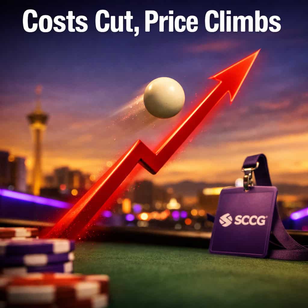 A roulette ball arcs sharply across a crumpled betting slip on dark felt while a red price arrow slices upward through the scene.
