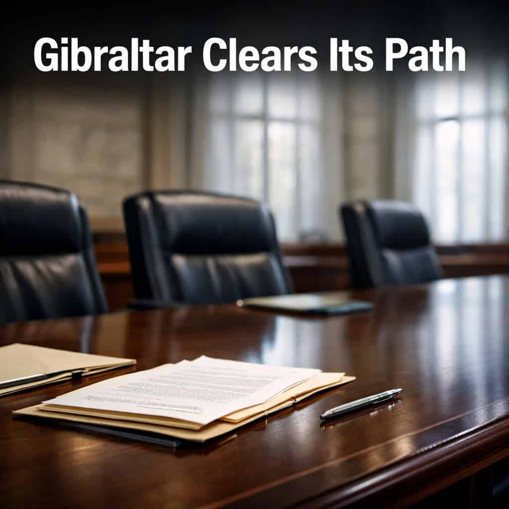 Empty Gibraltar legislative chamber with long wooden table, scattered official documents, and tall windows admitting cool daylight.