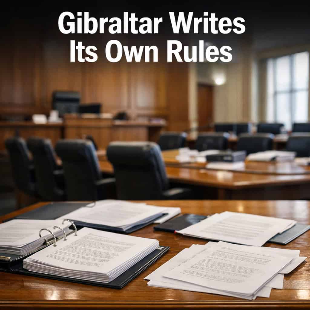 Modern Gibraltar legislative chamber interior with polished wood desks and documents spread under controlled daylight.