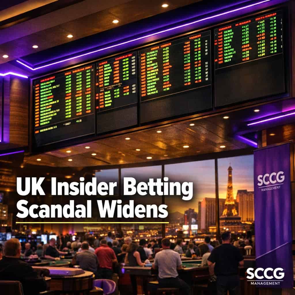 Large illuminated sportsbook odds board above a busy casino floor under bright directional light.