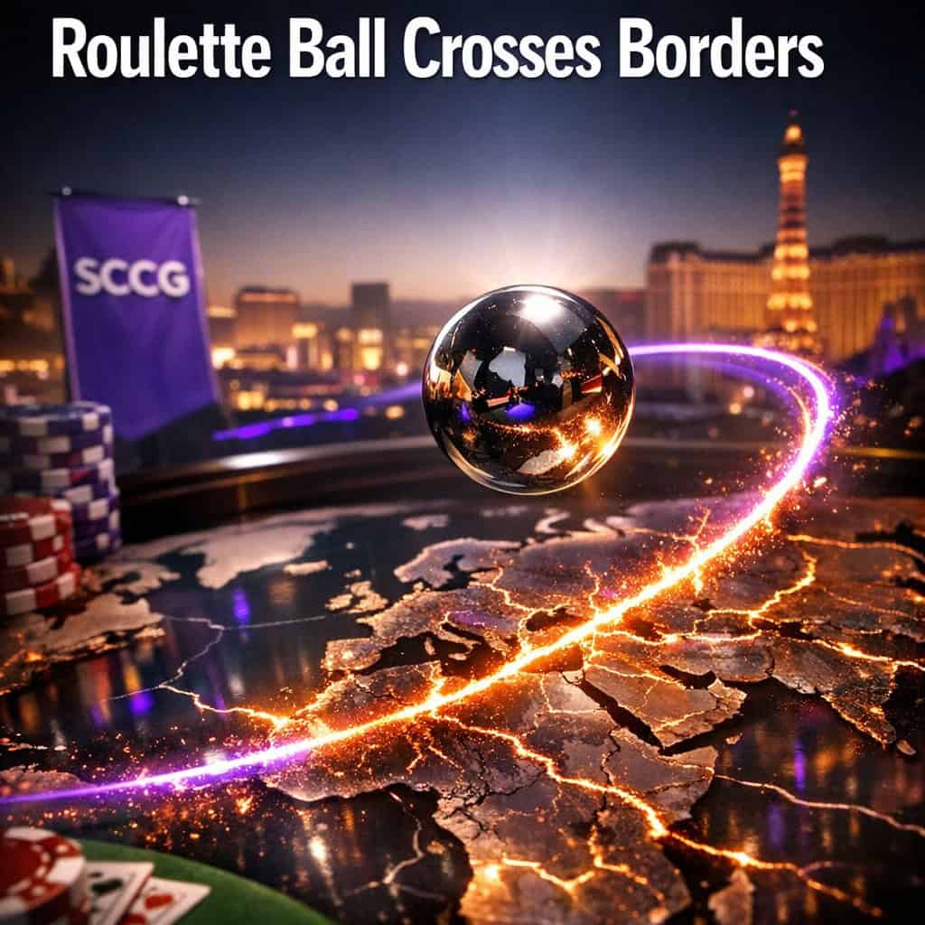 A roulette ball streaks across a world map under dramatic spotlight, tracing jurisdictional fault lines.