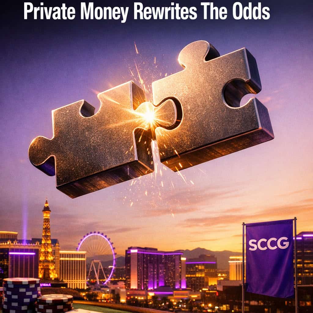 Two colossal puzzle pieces locking together mid-air above a glowing Las Vegas strip under dramatic dusk light.