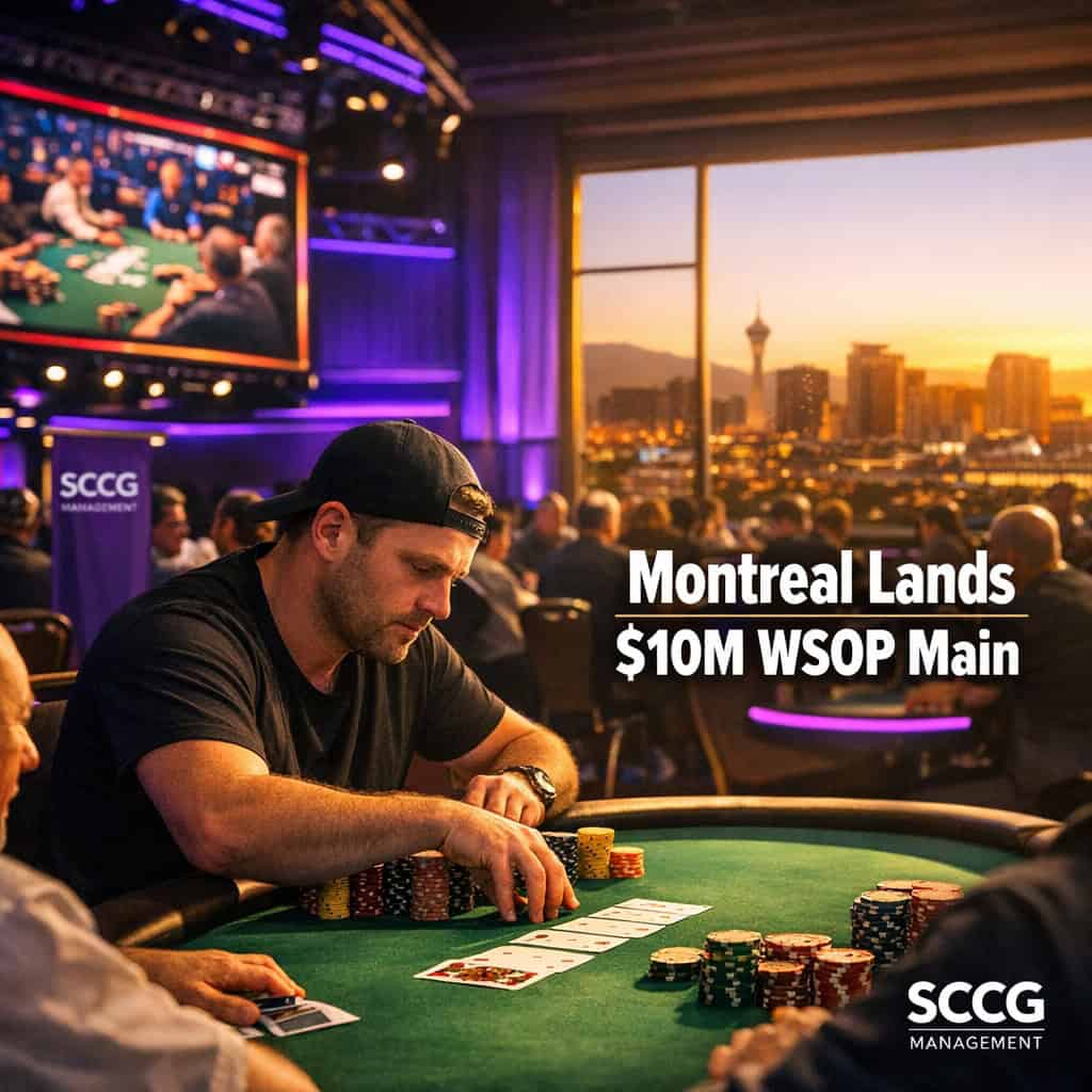 Brightly lit Montreal poker tournament floor with rows of green felt tables under golden hour light and large LED screens overhead.