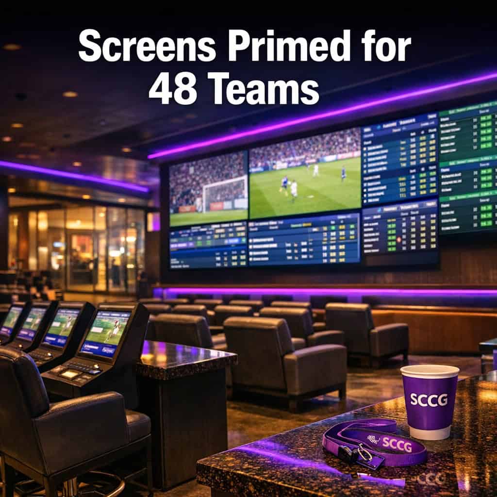 A modern sportsbook venue with large illuminated betting screens showing soccer match data and empty seating rows during setup hours.