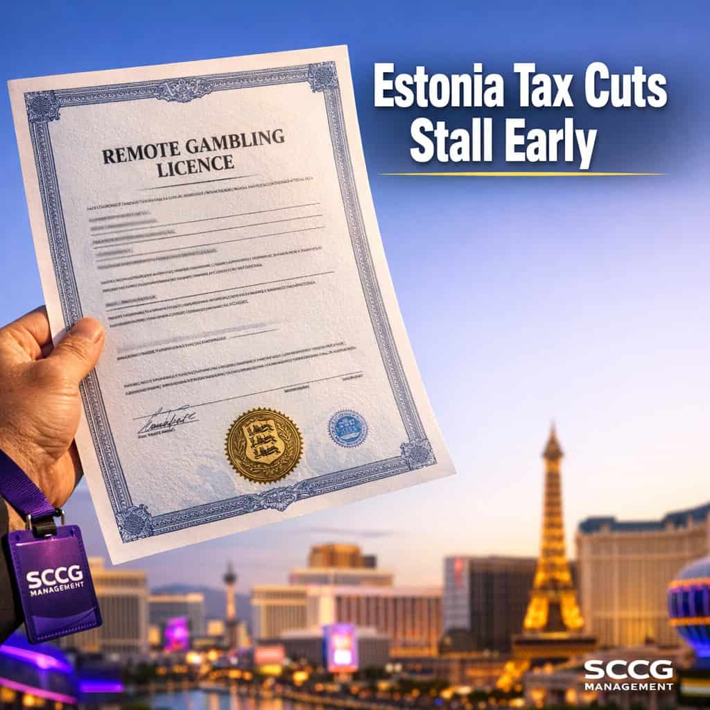 Estonian remote gambling licence certificate held up against bright daylight sky.