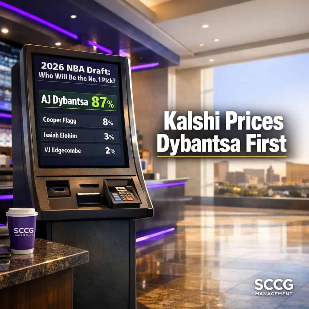 A self-service prediction-market terminal on a bright concourse displays live Kalshi odds for the 2026 NBA Draft top pick.