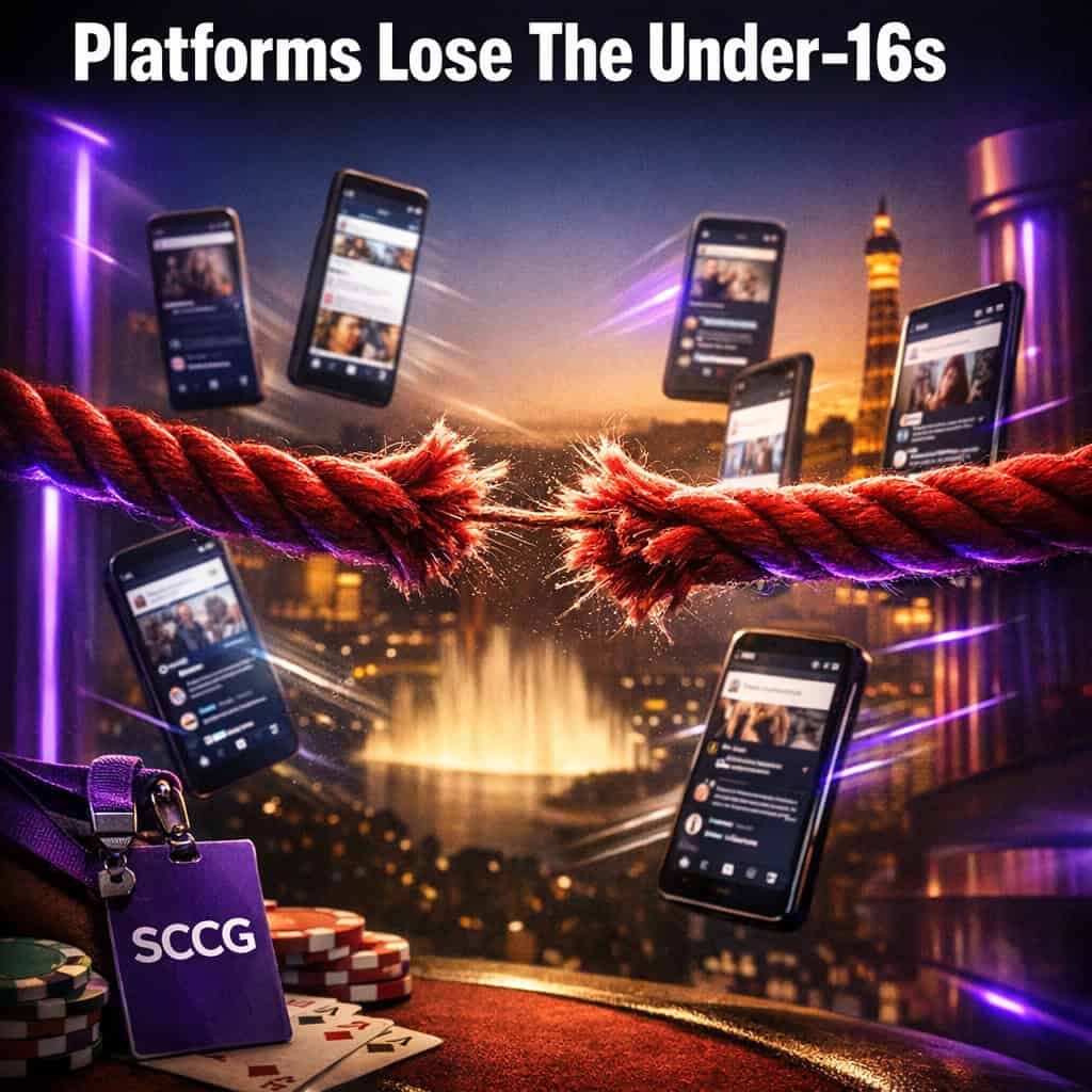 A velvet rope snaps taut across glowing smartphone screens floating in darkness, symbolizing the abrupt UK social media access cut for under-16s.