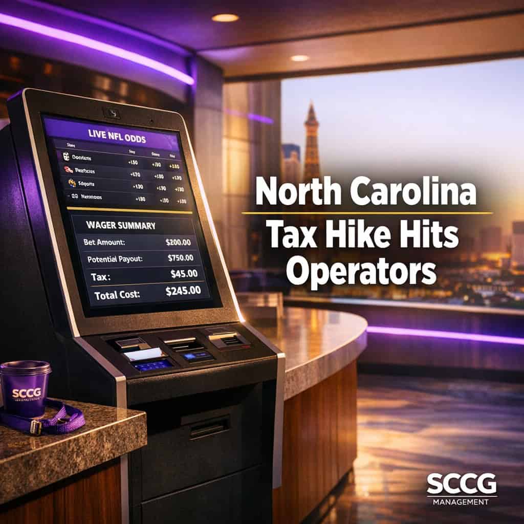 Self-service sports betting terminal screen shows live odds and a tax line item on a bright concourse.