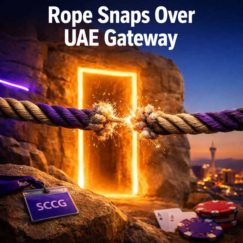 A massive velvet rope snapping taut across a glowing digital portal carved into desert rock, sparks flying at the point of impact under dramatic twilight lighting.