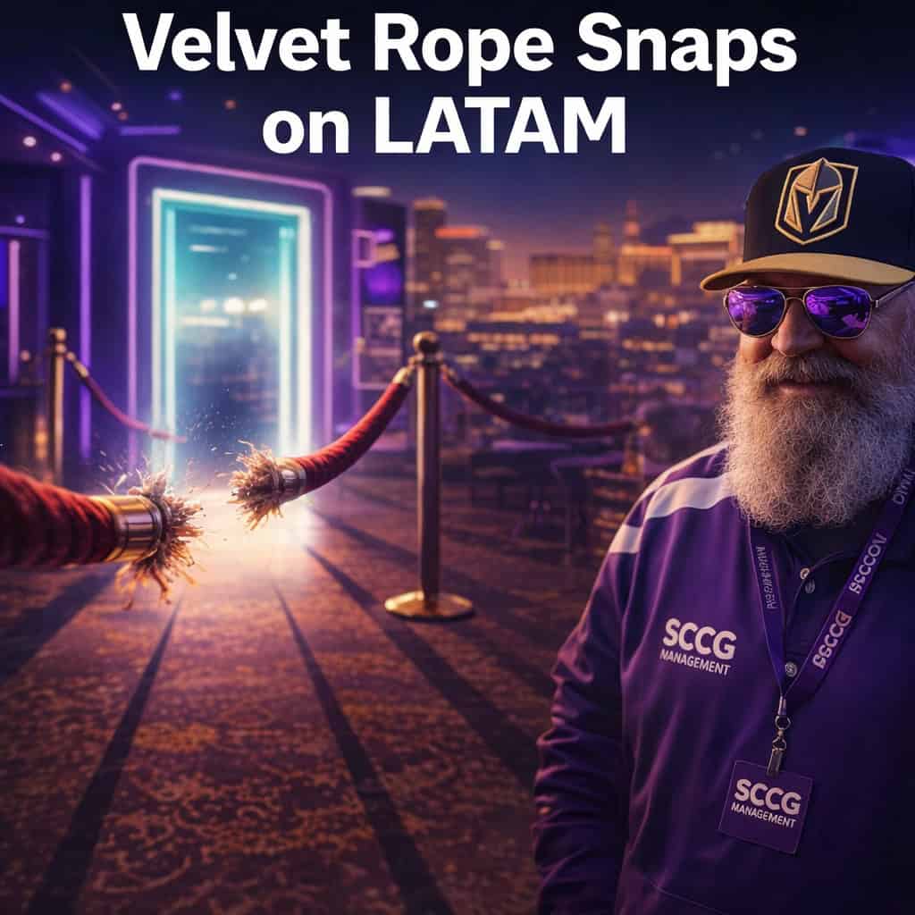 A velvet rope snaps taut across a glowing digital doorway while regulatory shadows stretch over a neon-lit casino floor.