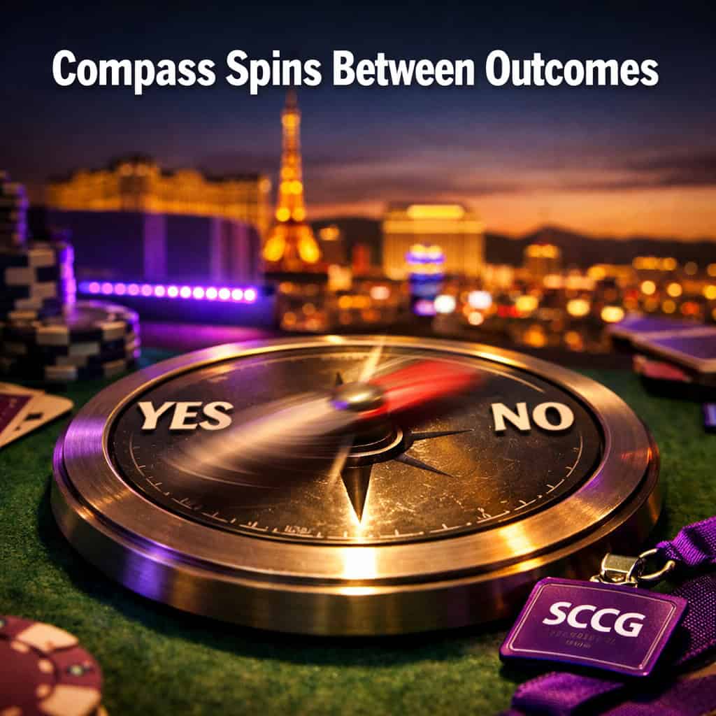 A compass needle spins rapidly between YES and NO labels etched on a metallic disc resting on felt.
