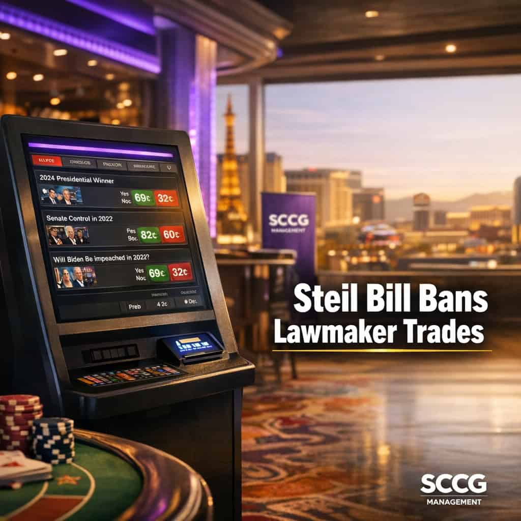 A prediction-market trading terminal on a casino floor displays live political event contracts under bright daylight.