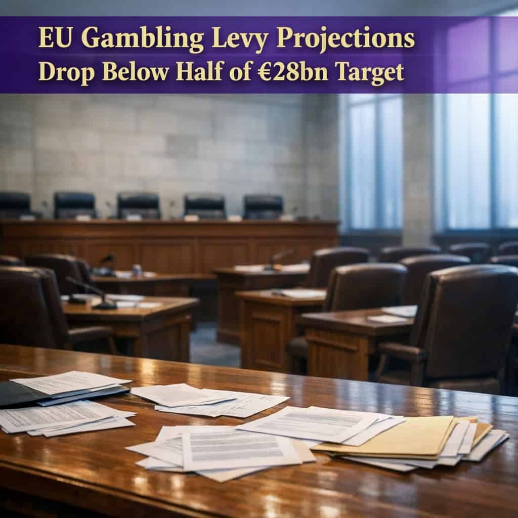 Empty hearing room with long wooden table, scattered documents, and daylight streaming through tall windows.