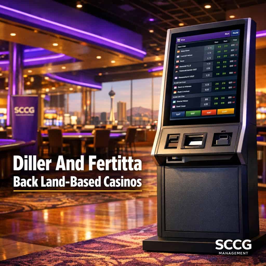 Self-service betting kiosk displaying live sports odds on a sunlit casino floor.
